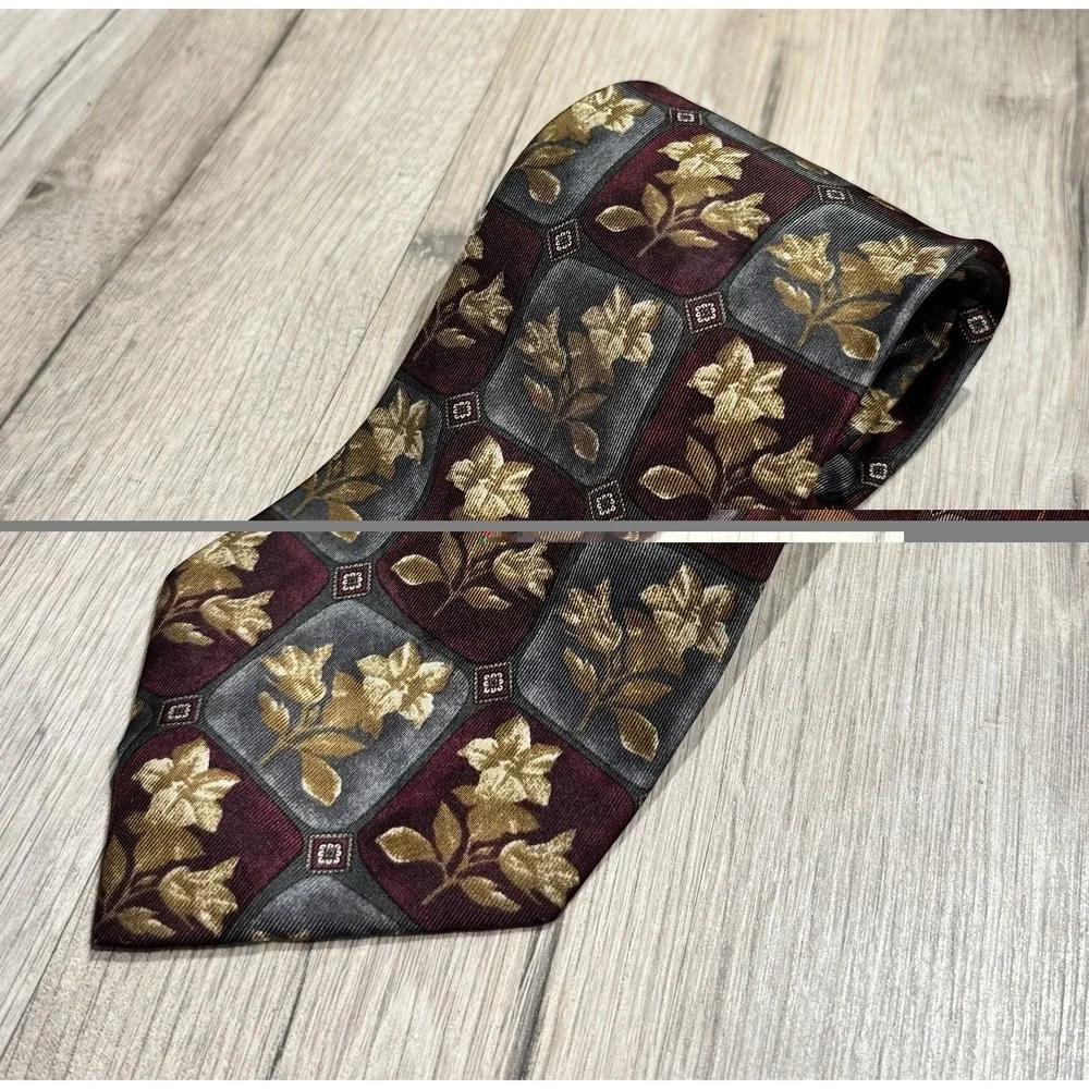 Robert Stock 100% Silk Burgundy/Gray/Gold Floral Woven Designer Men's Tie